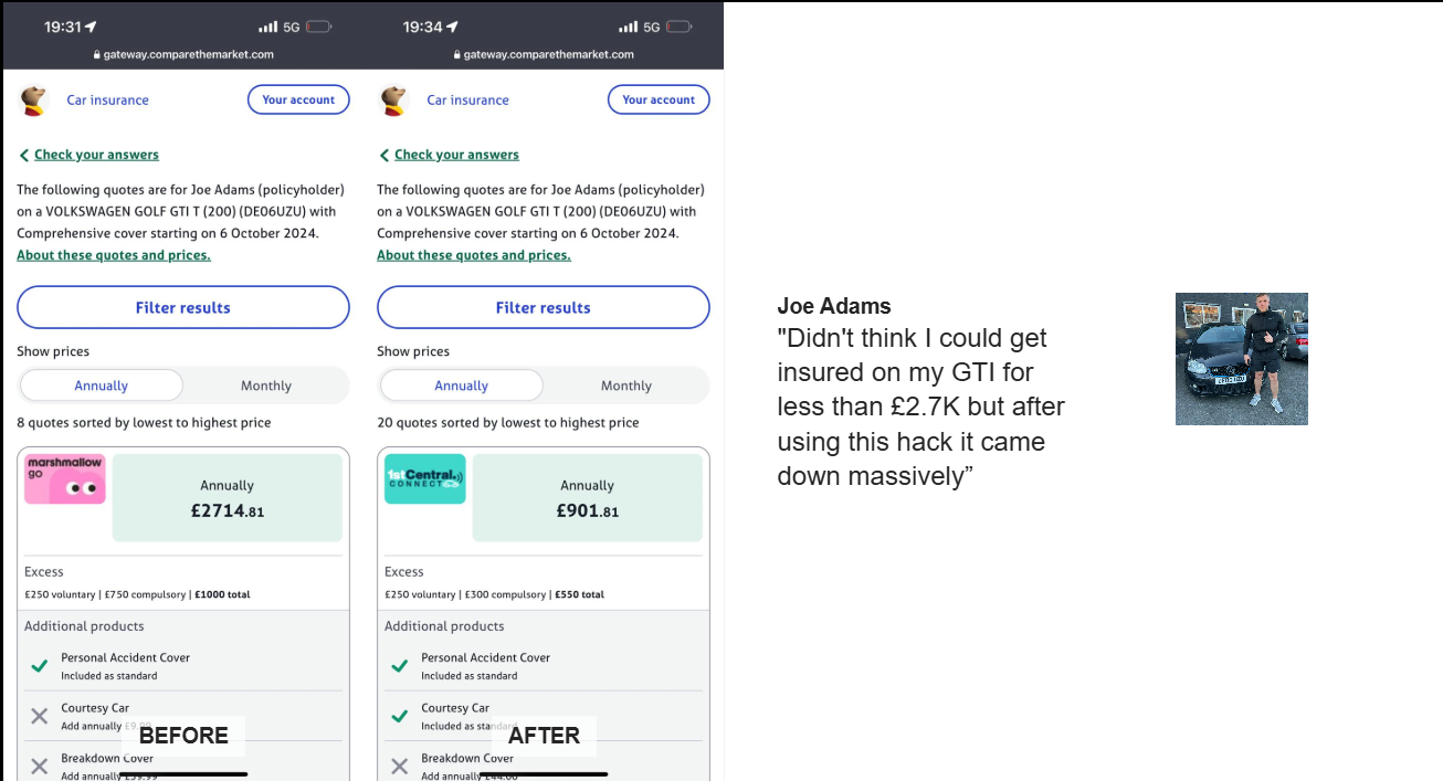 Joe Adams's insurance quote comparison showing before and after using UK Insurance Hacks