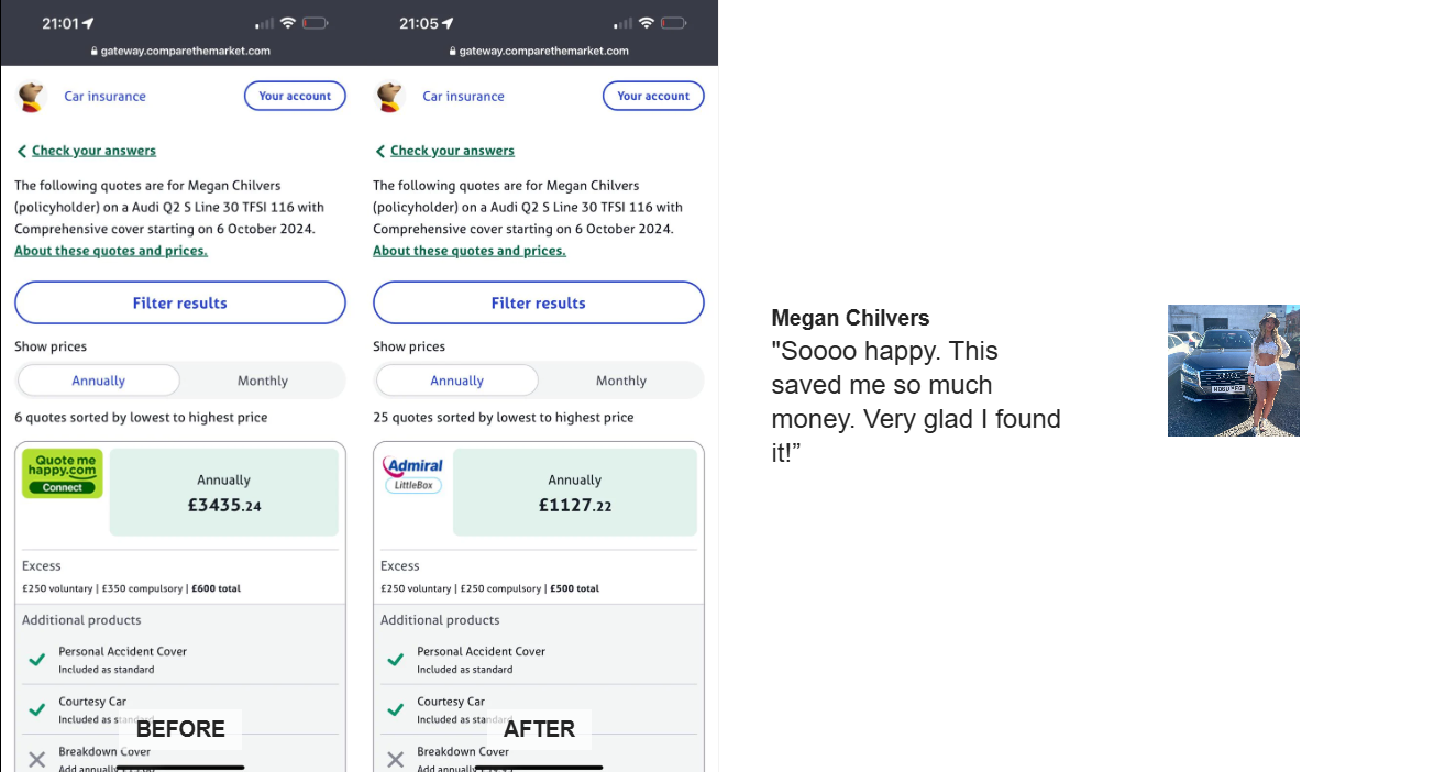 Megan Chilvers's insurance quote comparison showing before and after using UK Insurance Hacks